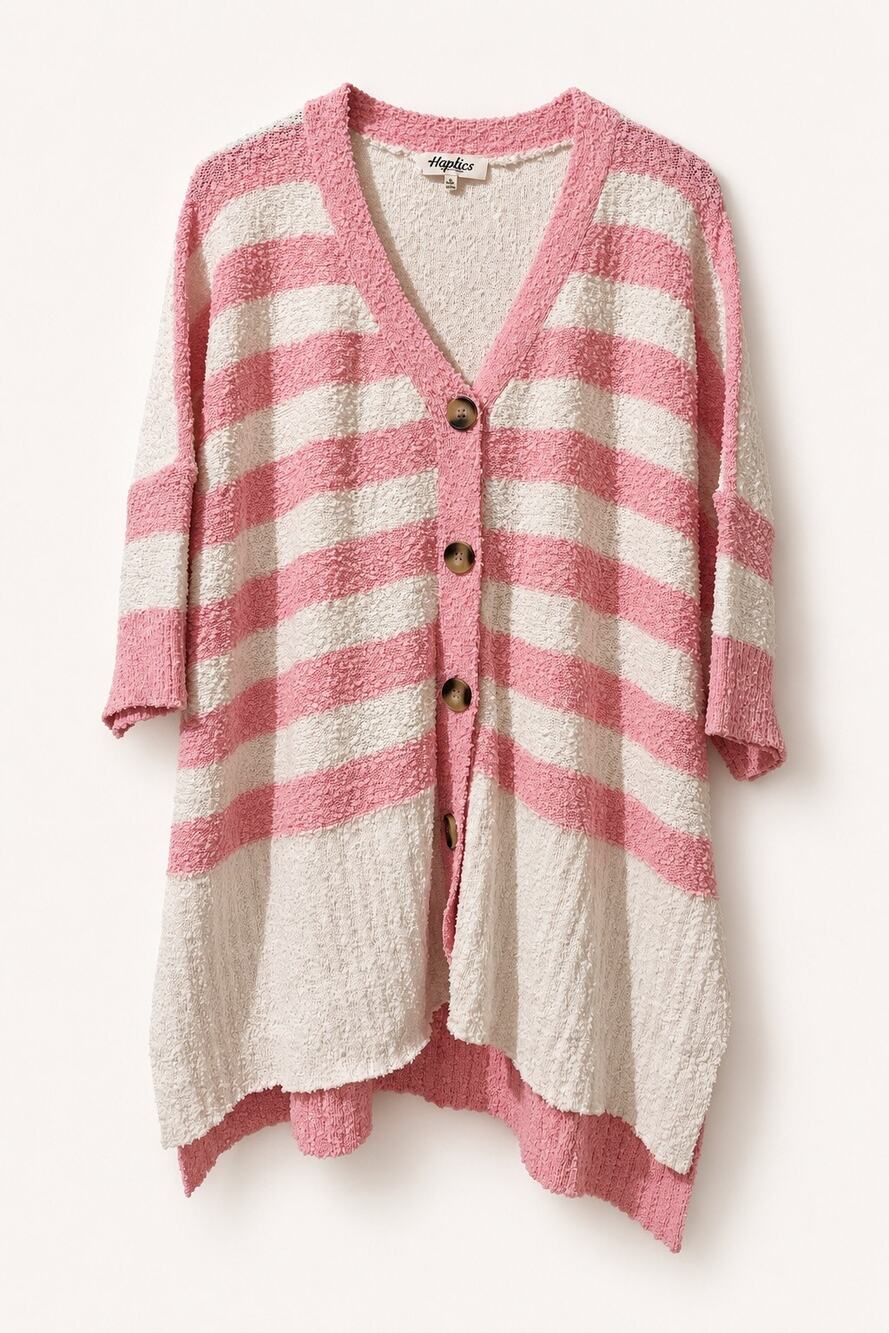 Haptics Womens L Pink Ivory Striped Boucle Long Cardigan Button Front Pockets